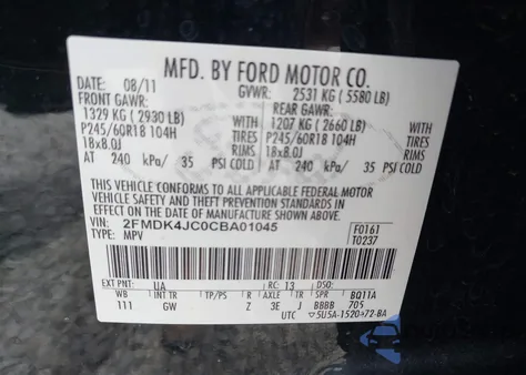 2012 Ford Edge Sel z USA, uszkodzony, nr VIN 2FMDK4JC0CBA01045